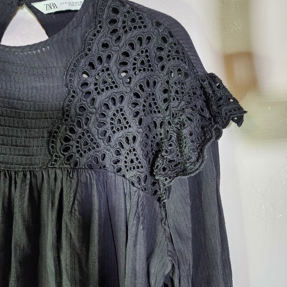 Zara Black Ruffle Eyelet Long Sleeve Blouse Size Small - Picture 6 of 10